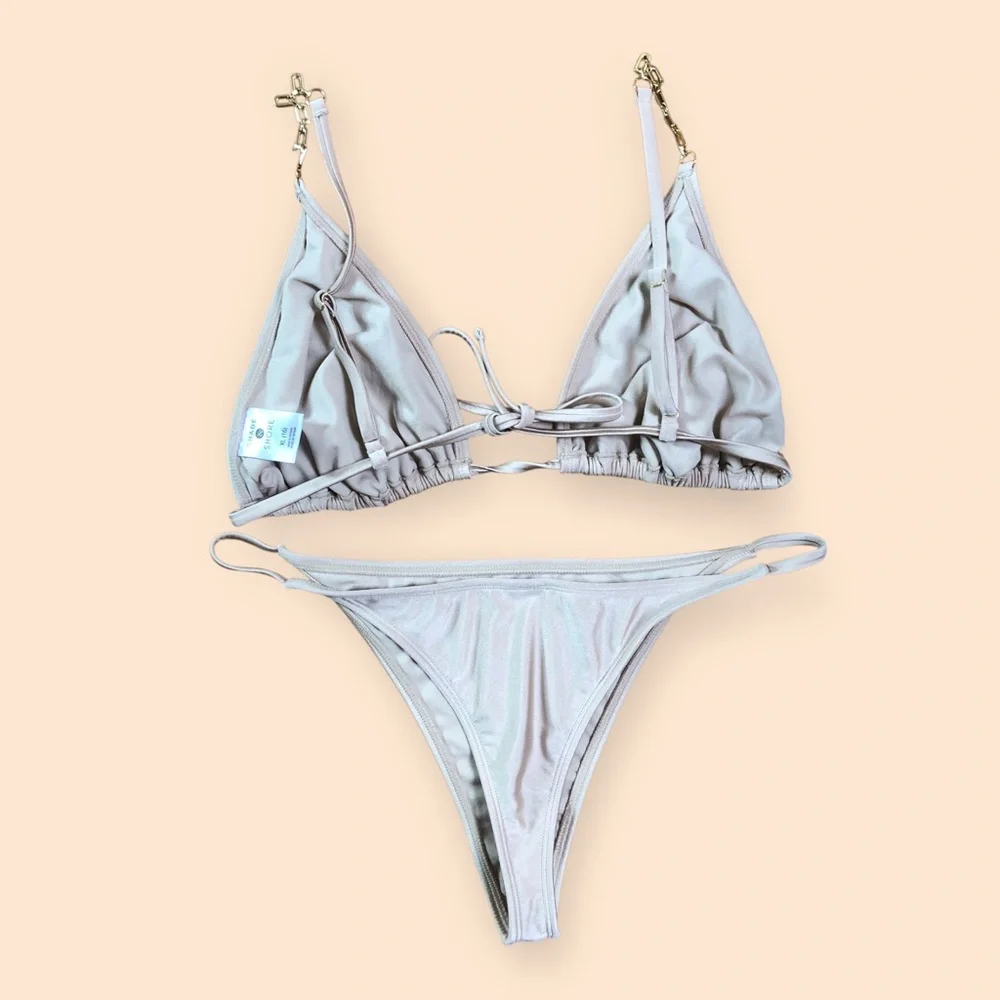 Shade & Shore Beige Shimmer Chain Two Piece Bikini Swimsuit Thong Women’s L/XL